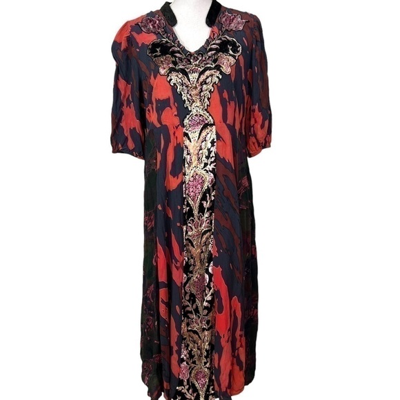Soft Surroundings Midi Dress 18p Boho Cottagecore Festival Lined Velvet Trim - Picture 1 of 12